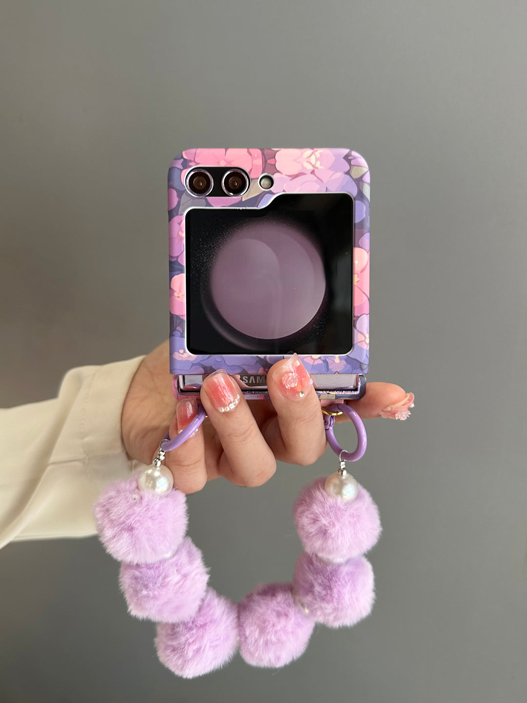 Floral Foldable Phone Case with Pom-Pom Strap