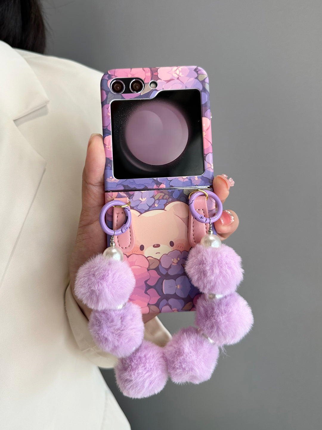 Floral Foldable Phone Case with Pom-Pom Strap