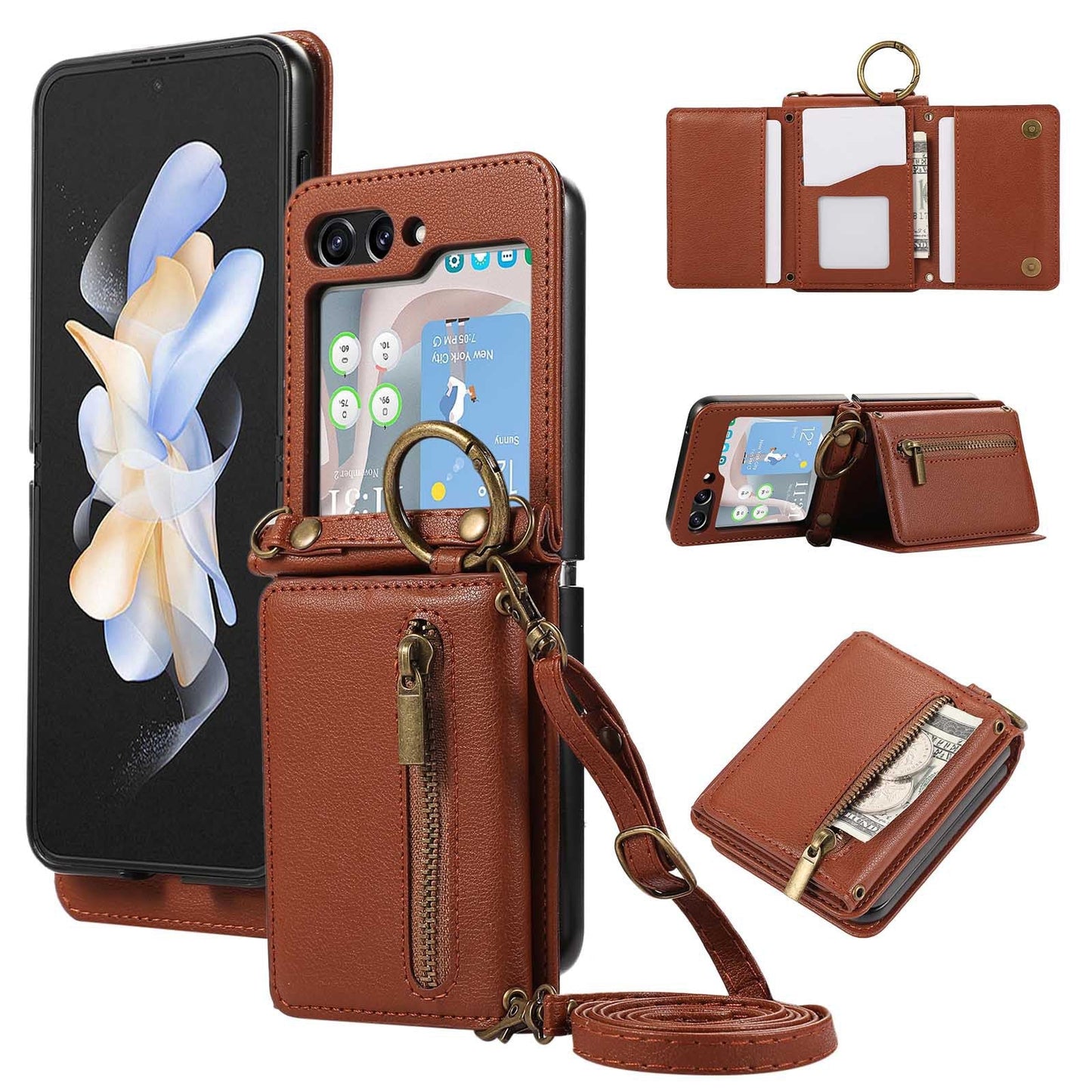 Trifold card holder finger ring buckle crossbody lanyard zipper leather case mobile phone case