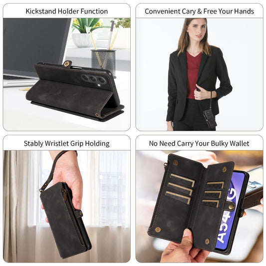 High-End Retro Leather Pouch Wallet Lanyard Zipper Card Phone Case For Galaxy A55