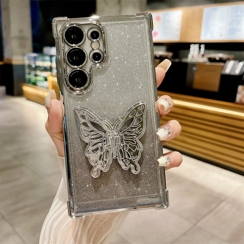 Suitable for Samsung S24Ultra mobile phone case four-corner anti-fall butterfly bracket gradient glitter shell S23 anti-fall protection