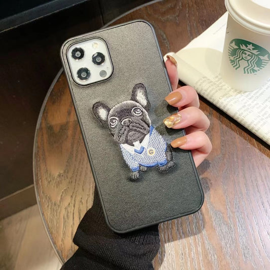 Trendy embroidered bulldog dog phone case