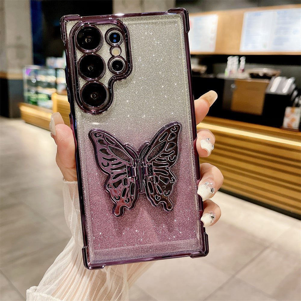 Suitable for Samsung S24Ultra mobile phone case four-corner anti-fall butterfly bracket gradient glitter shell S23 anti-fall protection