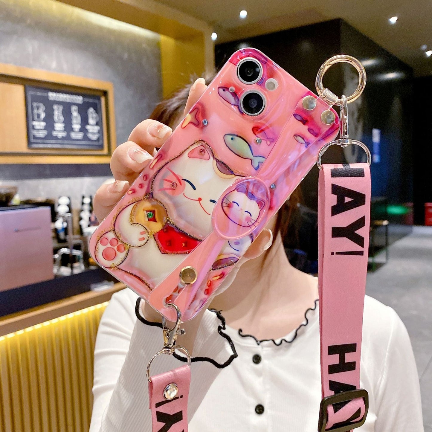 Lucky Cat Wristband Lanyard Flat 3D Phone Case