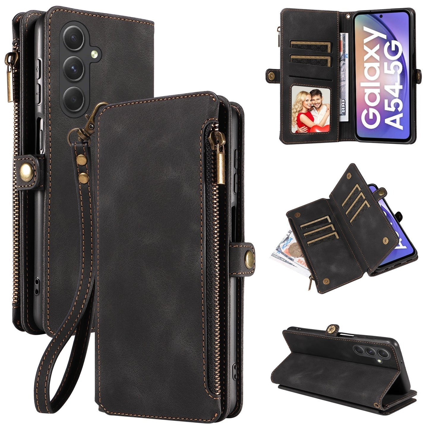 High-End Retro Leather Pouch Wallet Lanyard Zipper Card Phone Case For Galaxy A34