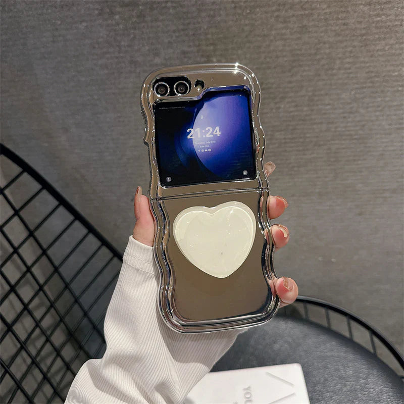 Sarung Telefon Tepi Gelombang Penyaduran Jantung Mewah Untuk Siri Samsung Galaxy Z Flip