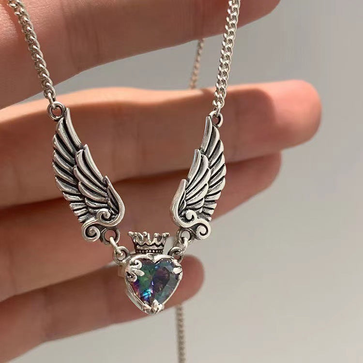 Retro distressed love crown wings necklace