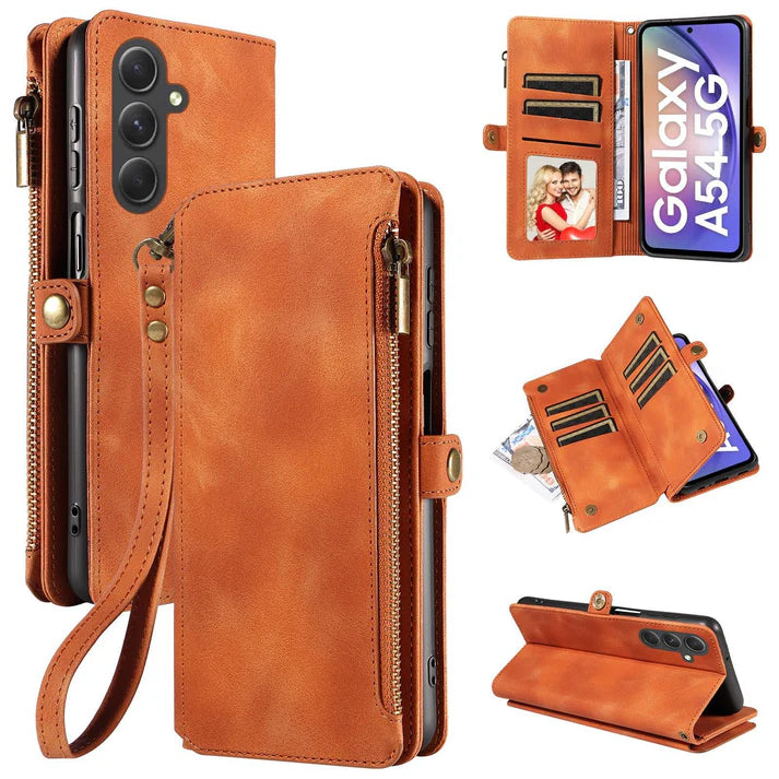 High-End Retro Leather Pouch Wallet Lanyard Zipper Card Phone Case For Galaxy A55