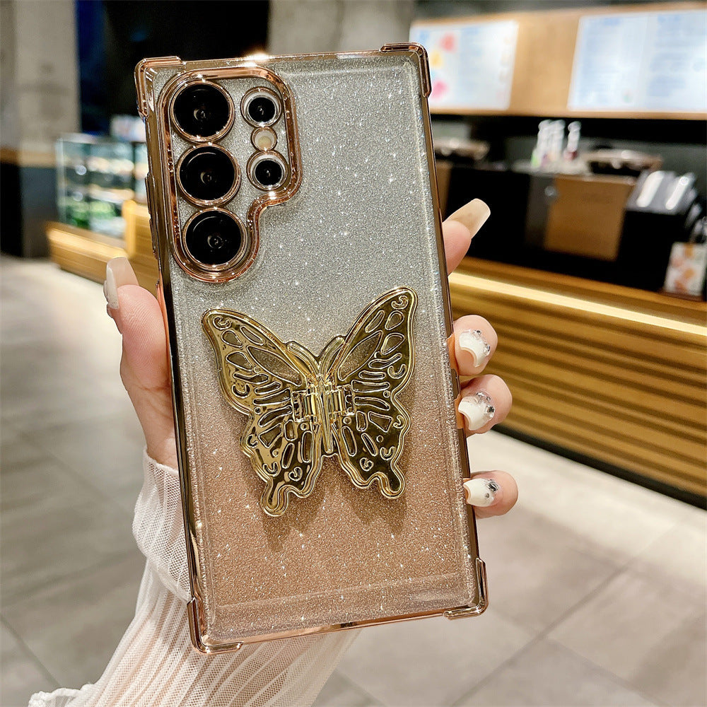 Suitable for Samsung S24Ultra mobile phone case four-corner anti-fall butterfly bracket gradient glitter shell S23 anti-fall protection