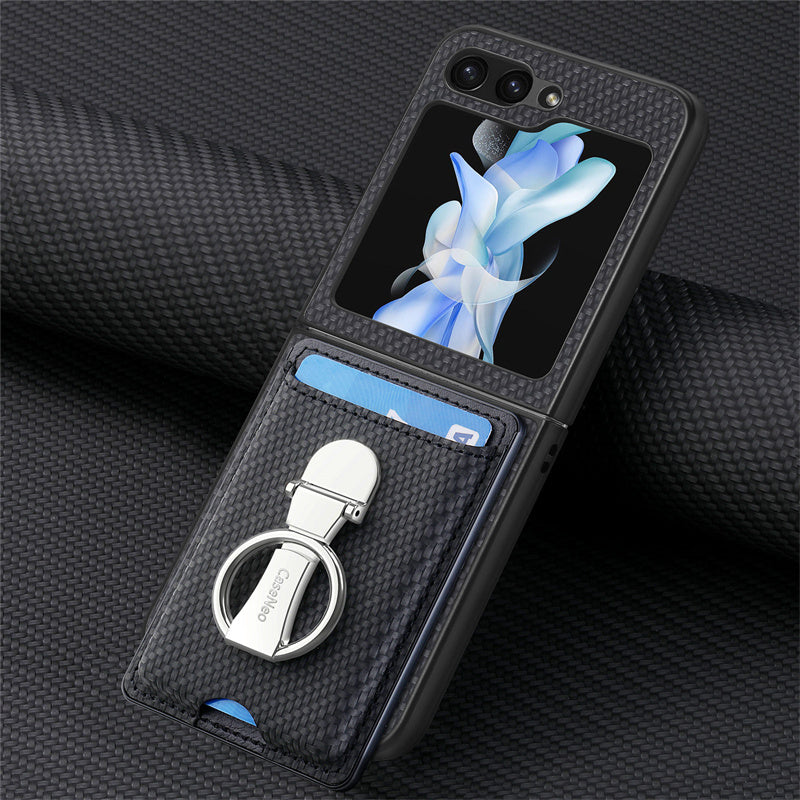 Samsung Galaxy Z Flip Series | Carbon Fiber Leather Case with Ring Holder