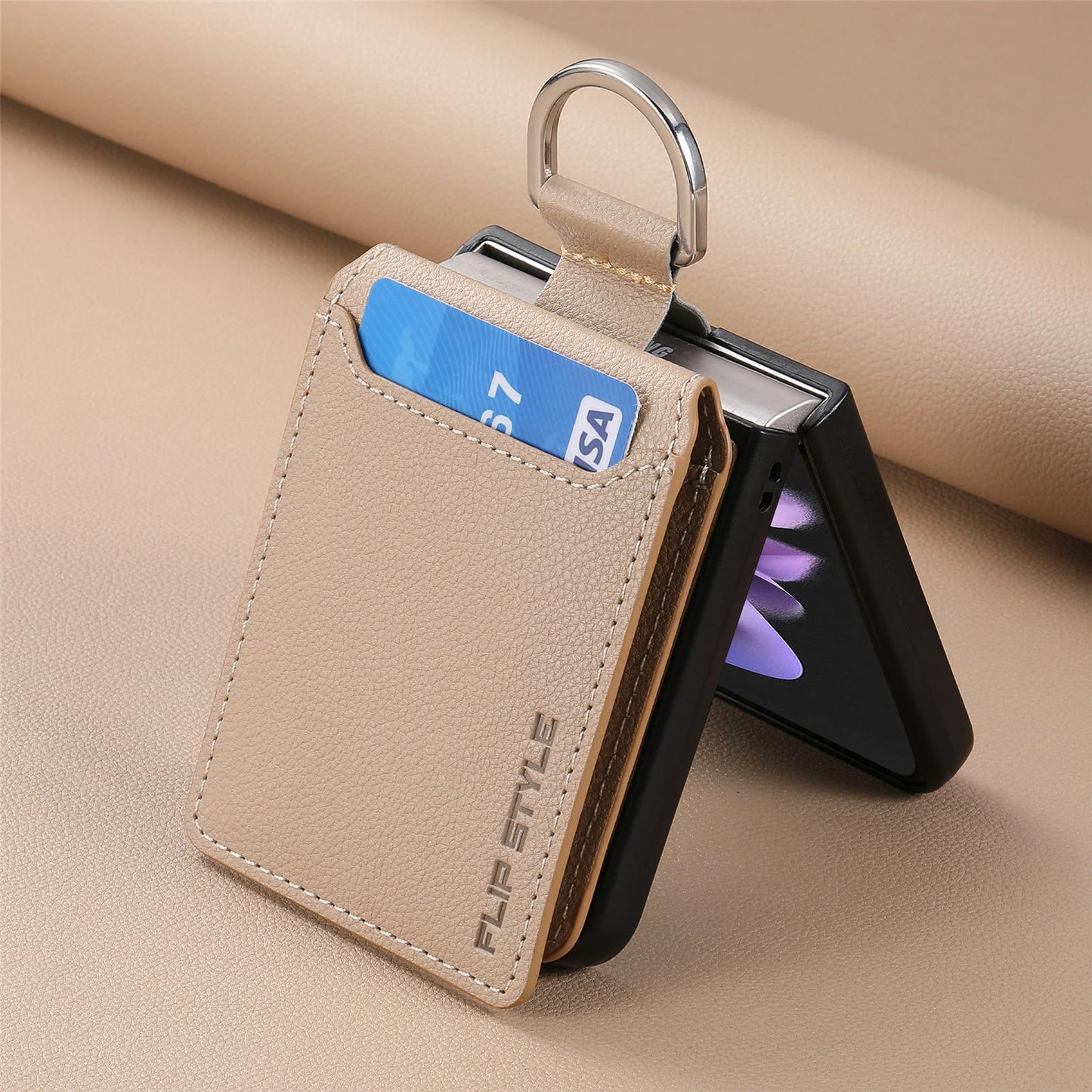 For Samsung Z Flip3/4 Lychee Dermatoglyph Ring Wallet Case
