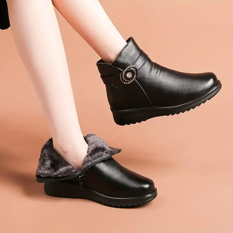 Women's, One-colour, Winter, Leather Platform Boots With Snow