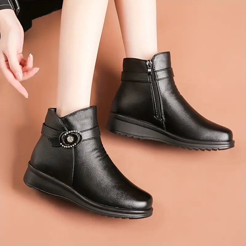 Women's, One-colour, Winter, Leather Platform Boots With Snow