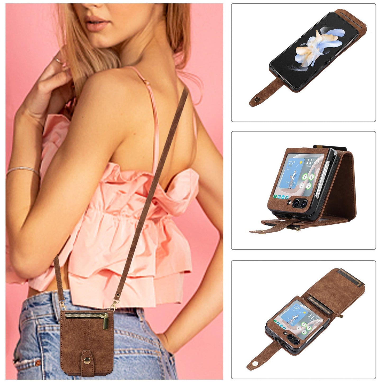 Sesuai Untuk Samsung Z FLIP3/4/5 Zipper Card Holder Phone Case Leather