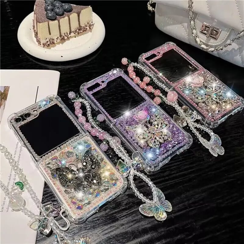 Flower butterfly diamond mobile phone case with bracelet for Galaxy Z Flip 3/Galaxy Z Flip 4/Galaxy Z Flip 5/Galaxy Z Flip 6