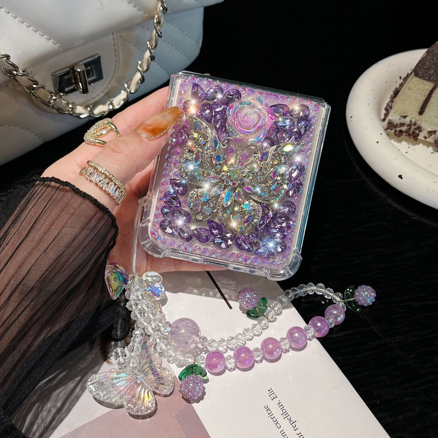 Flower butterfly diamond mobile phone case with bracelet for Galaxy Z Flip 3/Galaxy Z Flip 4/Galaxy Z Flip 5/Galaxy Z Flip 6