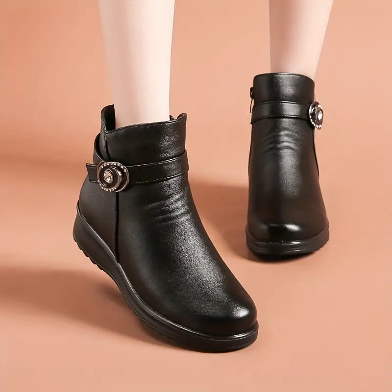 Women's, One-colour, Winter, Leather Platform Boots With Snow