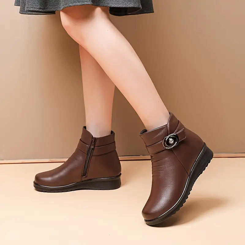 Women's, One-colour, Winter, Leather Platform Boots With Snow