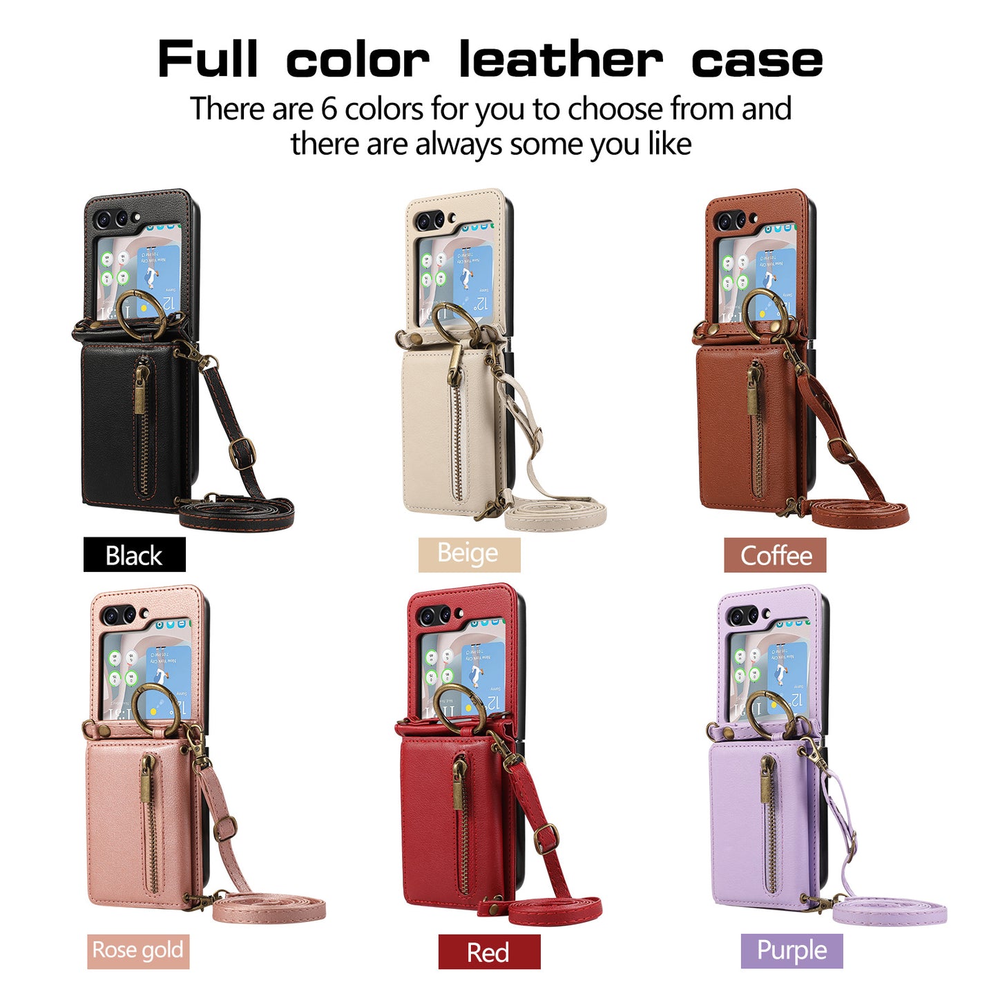 Zippered Leather Card Holder Phone Case for Samsung Z Flip Series - Ring Design