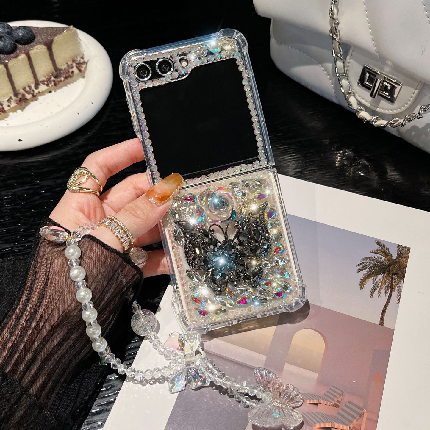 Flower butterfly diamond mobile phone case with bracelet for Galaxy Z Flip 3/Galaxy Z Flip 4/Galaxy Z Flip 5/Galaxy Z Flip 6