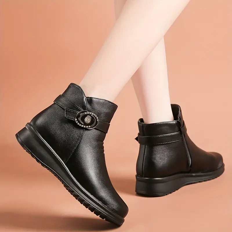 Women's, One-colour, Winter, Leather Platform Boots With Snow