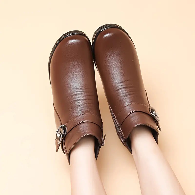 Women's, One-colour, Winter, Leather Platform Boots With Snow