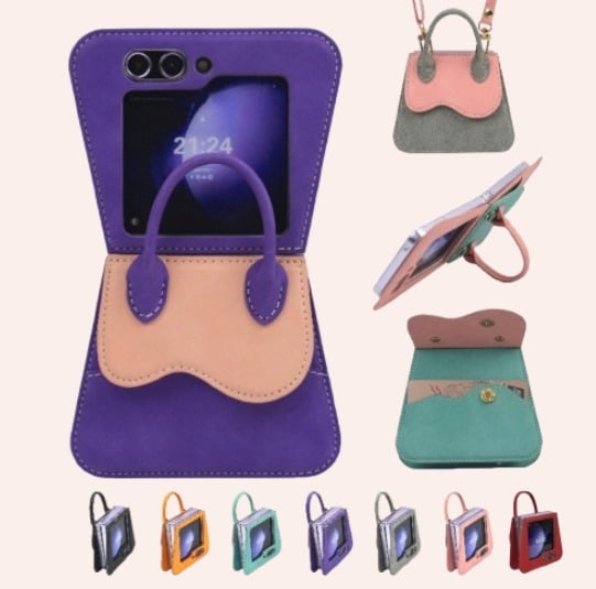 Luxury Leather Handbag Flip Phone Case For Galaxy Z Flip 3/Galaxy Z Flip 4/Galaxy Z Flip 5/Galaxy Z Flip 6 with Crossbody Lanyard