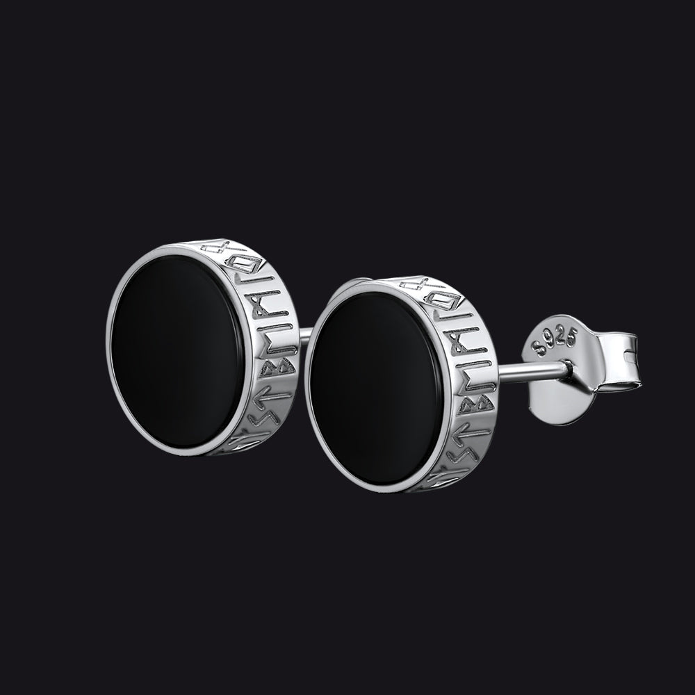 【Buy 1 Get 1 Free】Sterling Silver Viking Runes Black Onyx Stud Earrings For Men