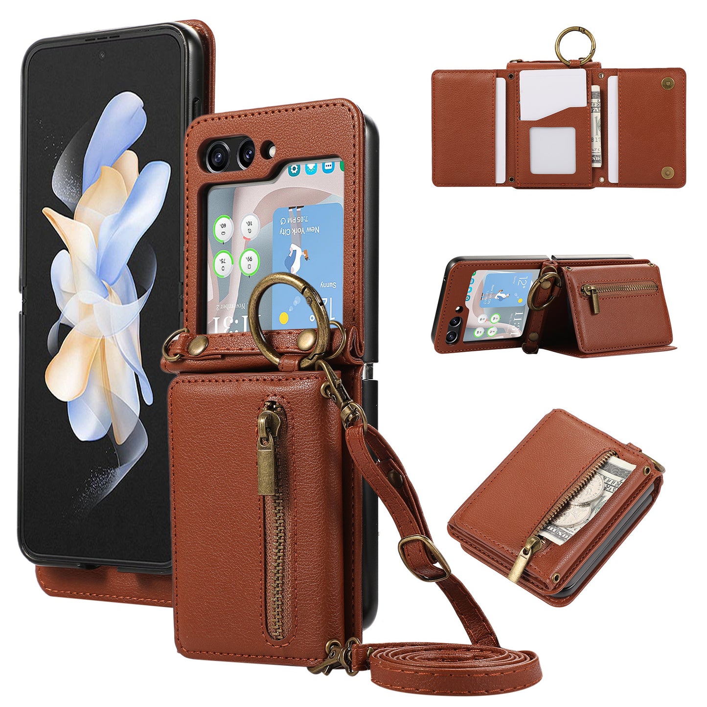 Zippered Leather Card Holder Phone Case for Samsung Z Flip Series - Ring Design