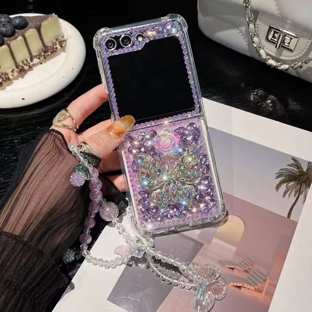 Flower butterfly diamond mobile phone case with bracelet for Galaxy Z Flip 3/Galaxy Z Flip 4/Galaxy Z Flip 5/Galaxy Z Flip 6