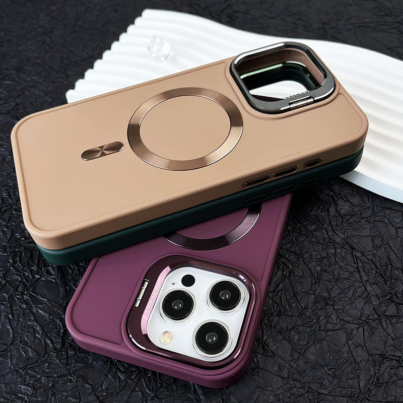 Pemegang Kamera Magnetik Pendirian Logam Cecair Mewah Sarung Telefon Warna Lembut Matte Tulen