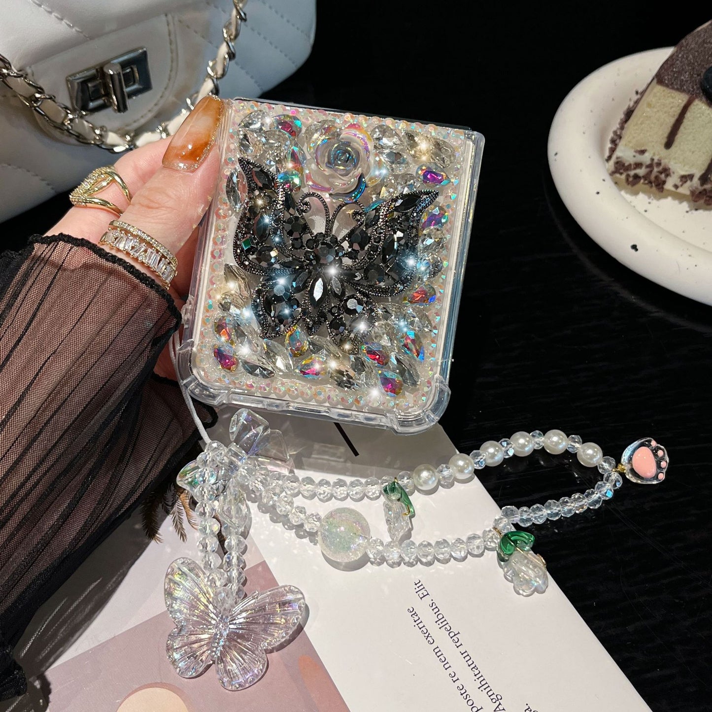 Flower butterfly diamond mobile phone case with bracelet for Galaxy Z Flip 3/Galaxy Z Flip 4/Galaxy Z Flip 5/Galaxy Z Flip 6