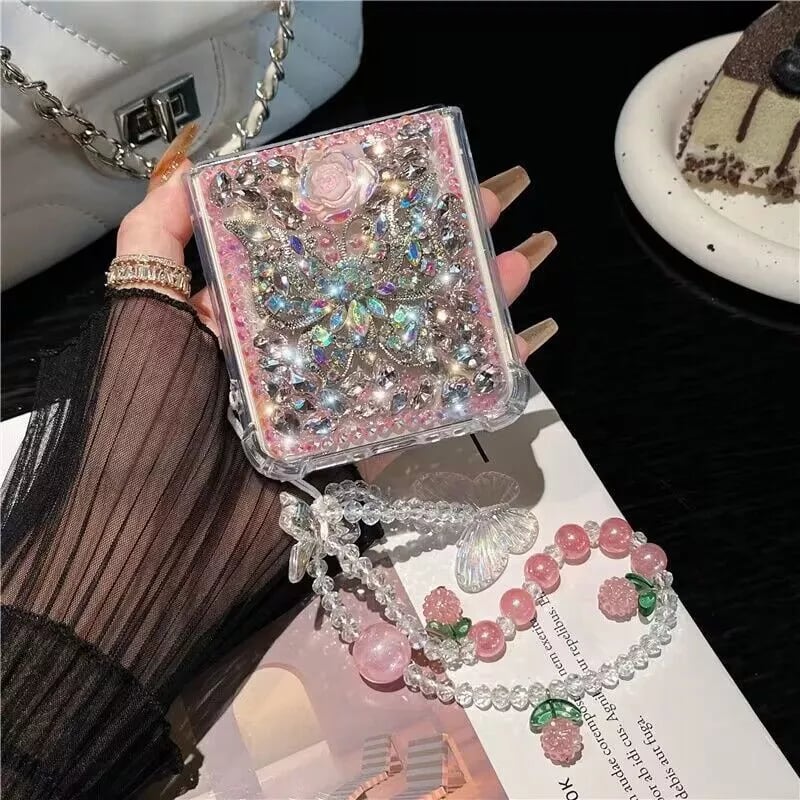 Flower butterfly diamond mobile phone case with bracelet for Galaxy Z Flip 3/Galaxy Z Flip 4/Galaxy Z Flip 5/Galaxy Z Flip 6