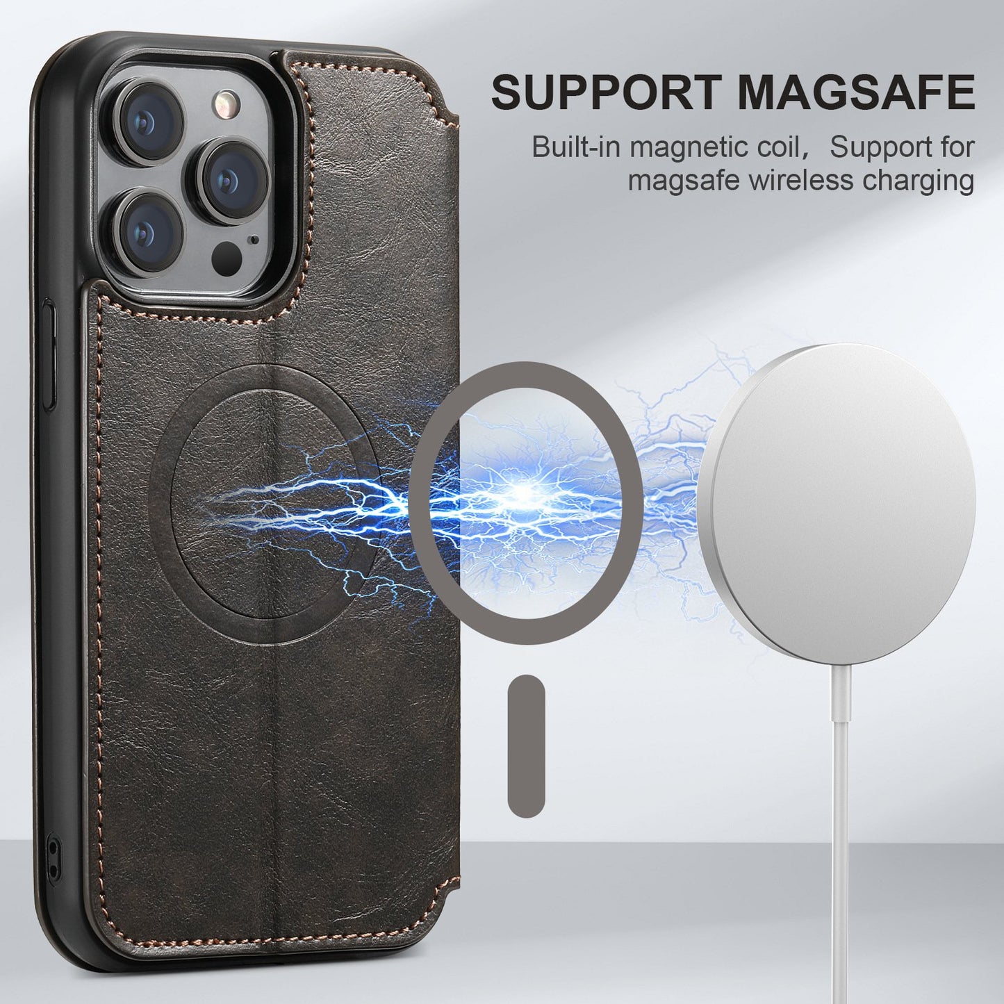 New Leather Card Holder Wireless Charging Phone Case for iPhone