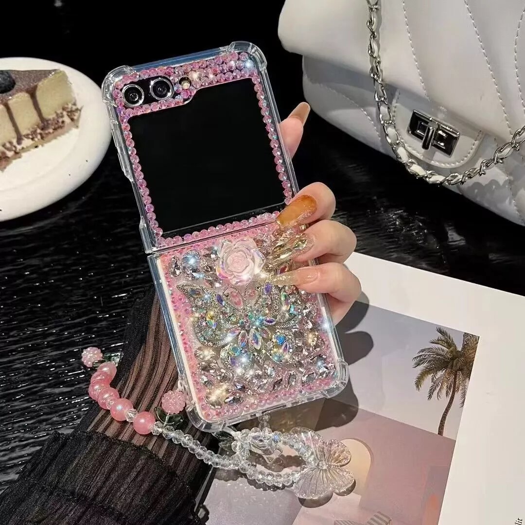 Flower butterfly diamond mobile phone case with bracelet for Galaxy Z Flip 3/Galaxy Z Flip 4/Galaxy Z Flip 5/Galaxy Z Flip 6